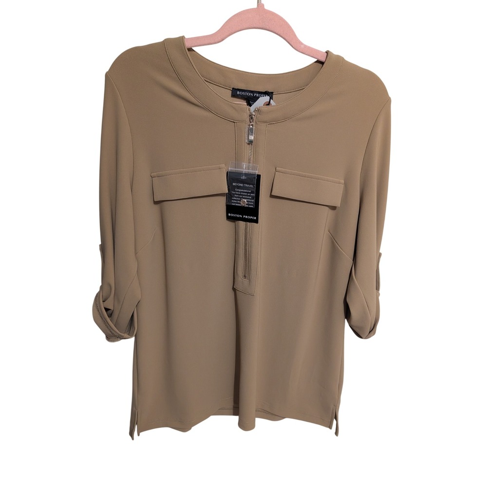 Boston Proper Beyond Travel Tan Zip Front Roll Tab Sleeve Top Large NWT Classic